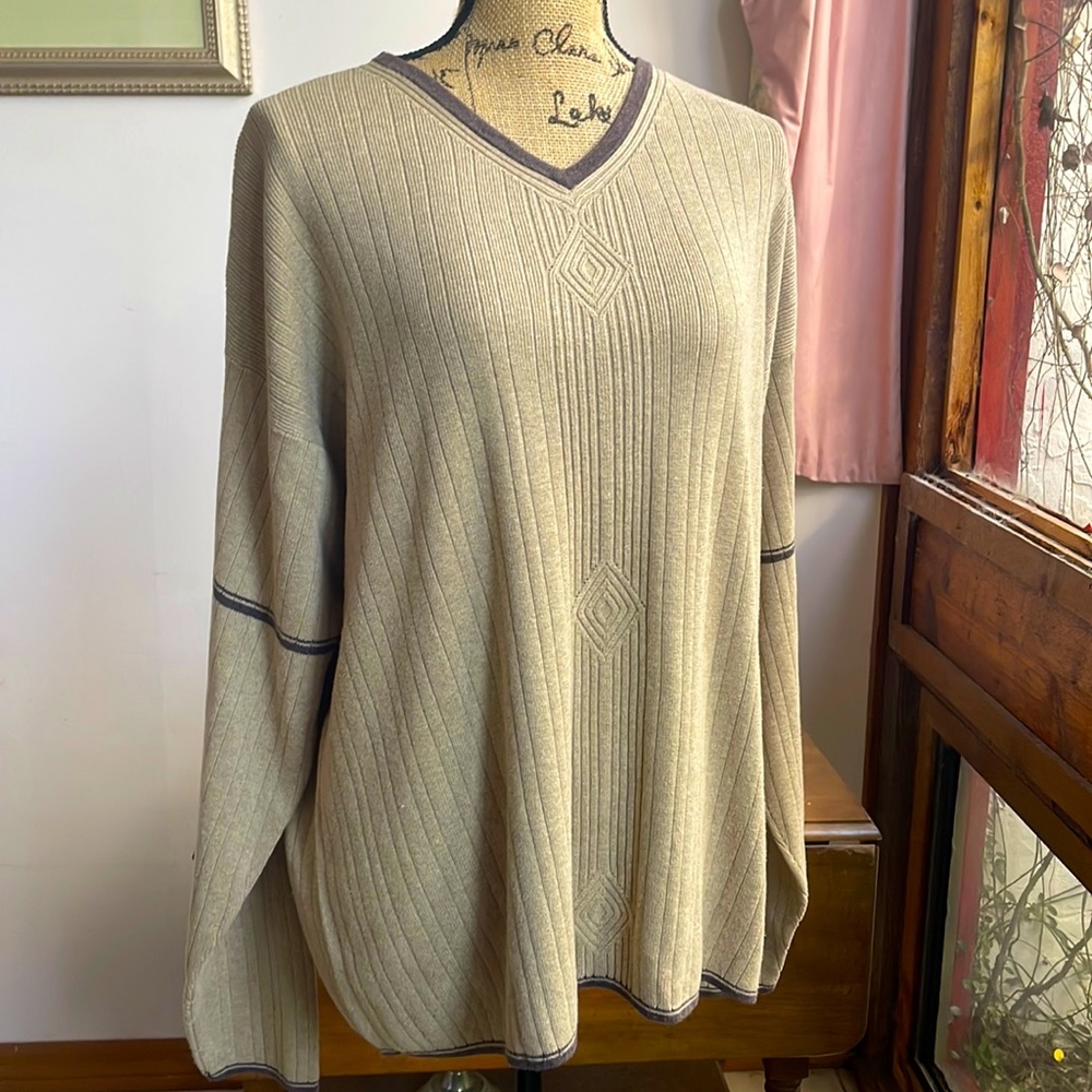 Perry Ellis Lightweight Sweater- Tan with Brown accents - 100% Cotton